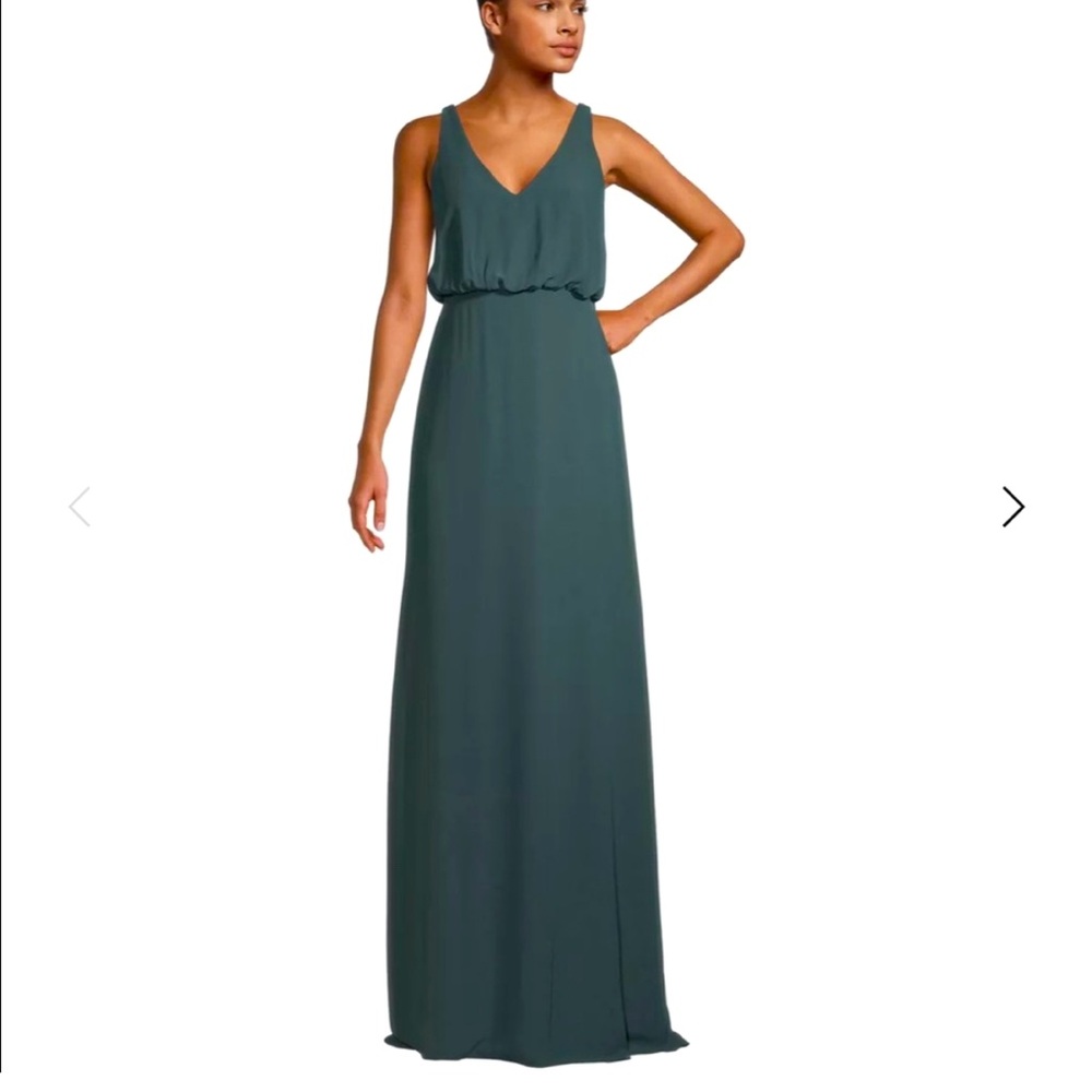 Beautiful Evergreen bridesmaid dress with unique covered button detail on back
